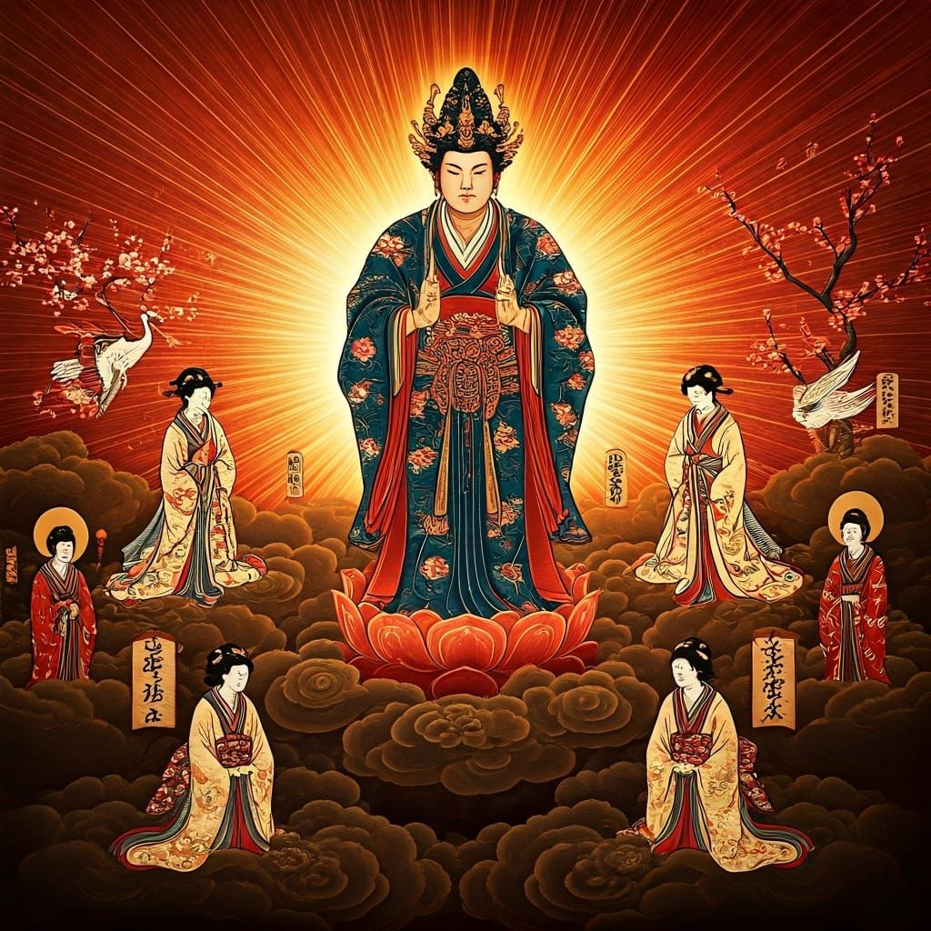 Ukiyo-e Woodblock Print: Celestial Deities and Sunburst