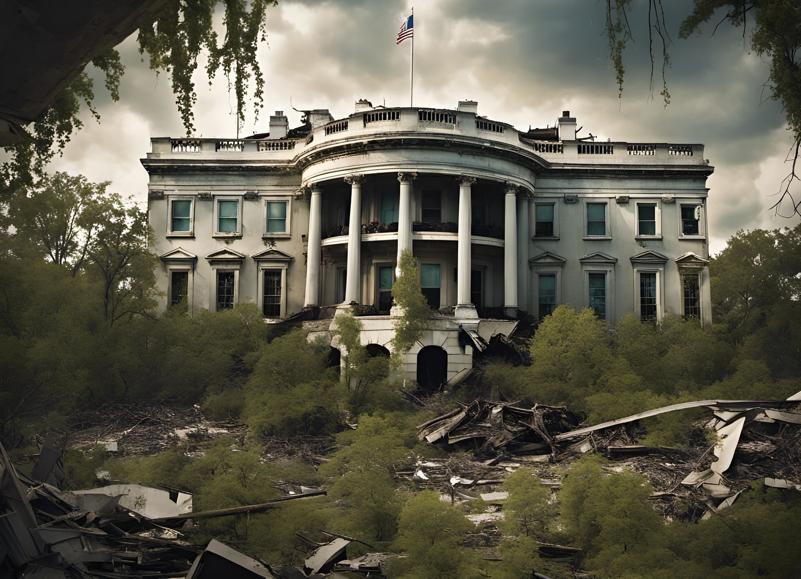 Post-Apocalyptic White House Ruins: Dramatic Color Photo