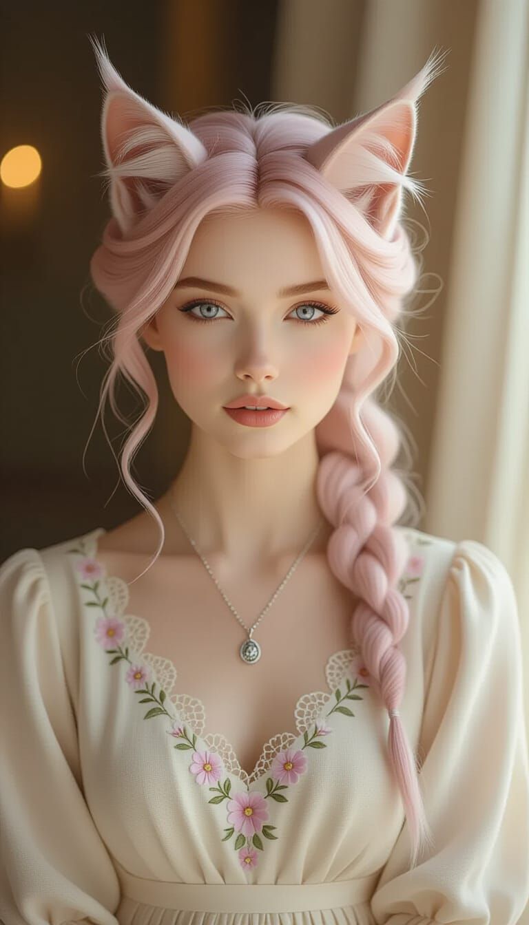 Elegant Pink Feline Woman in Floral Dress
