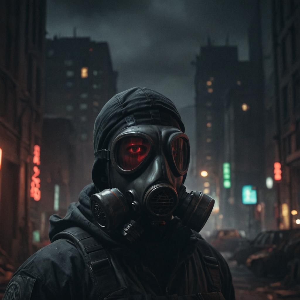 Gas Mask in Dark City with Red Lighting