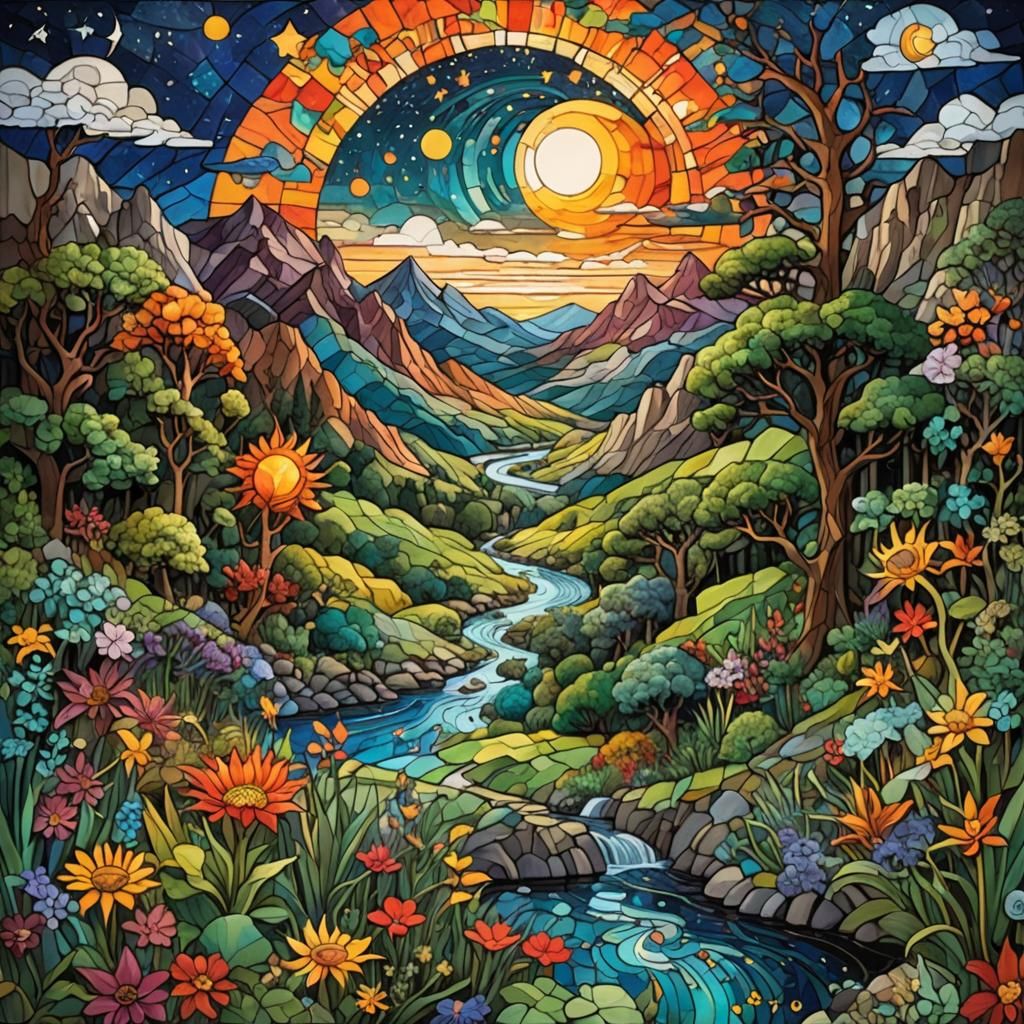 Psychedelic Fantasy Landscape in Stained Glass Mosaic Style