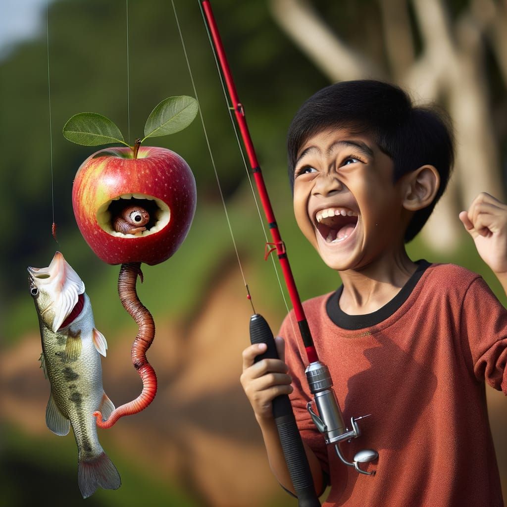 Young Fisherman's Triumphant Catch in Vibrant Red Apple Bait