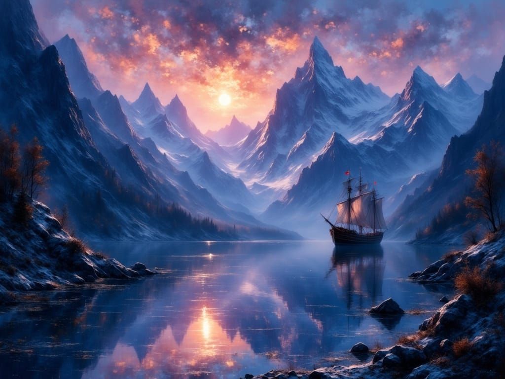 Fantasy Pirate Ship in Hidden Cove Twilight Sky