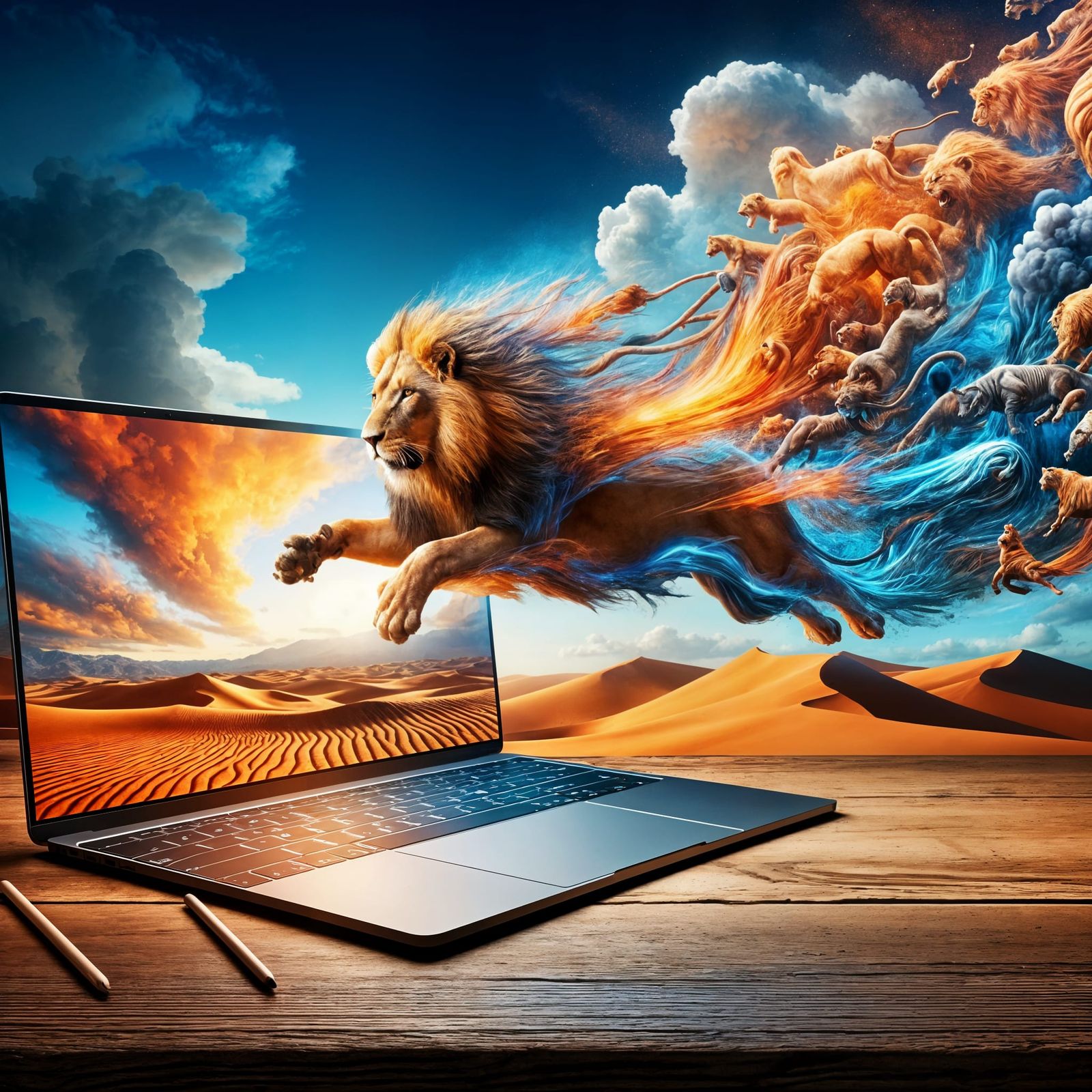 Majestic Lion Leaps From Laptop Screen