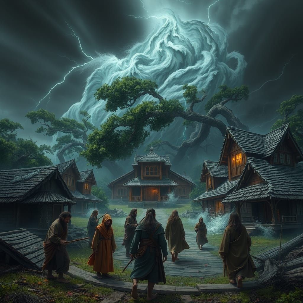 Hurricane Devastation in Mystical Village: Fantasy Concept A...