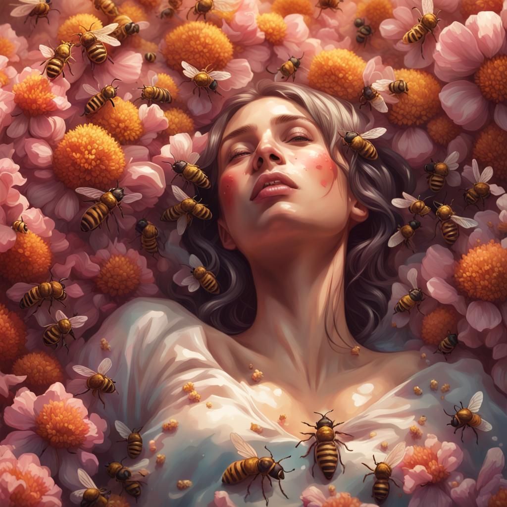 Woman Covered in Bees, Art Nouveau Portrait