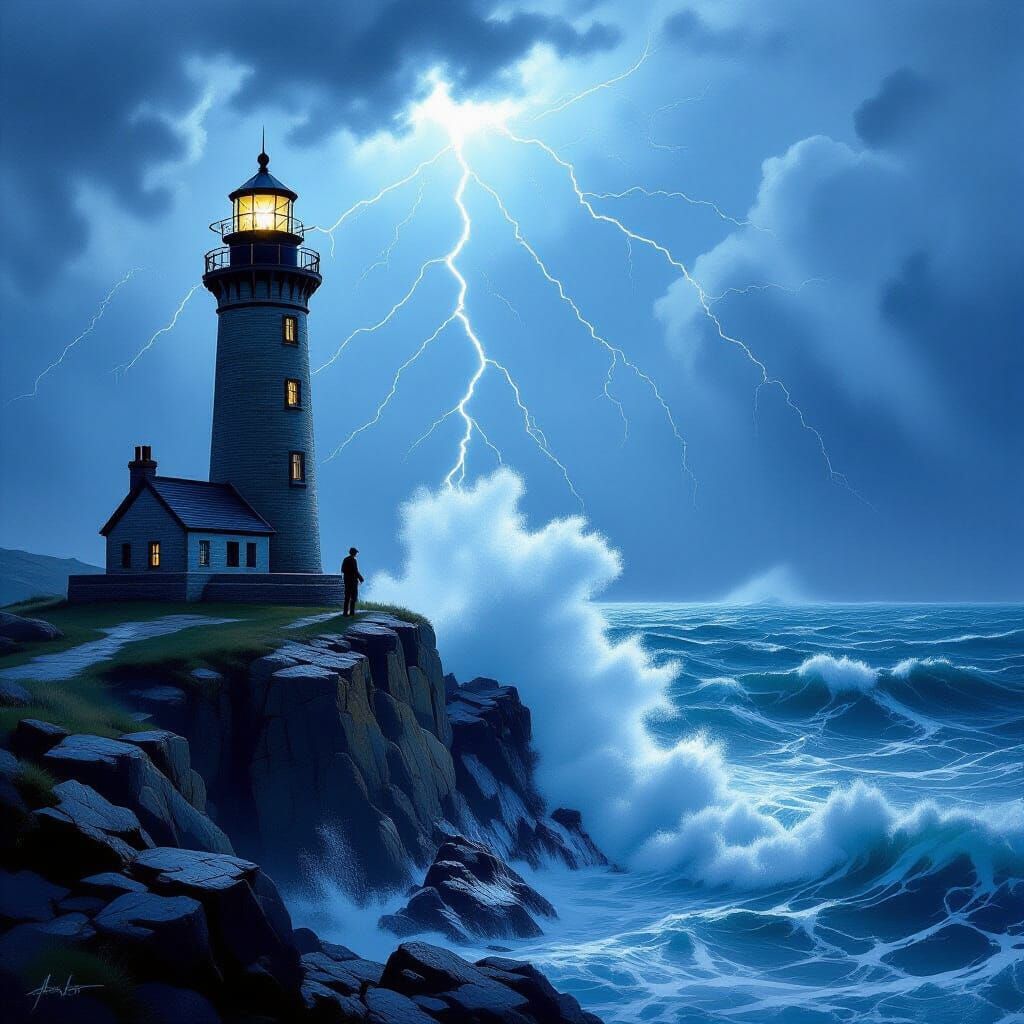Stormy Seas: Lighthouse Keeper's Resilience as Painting