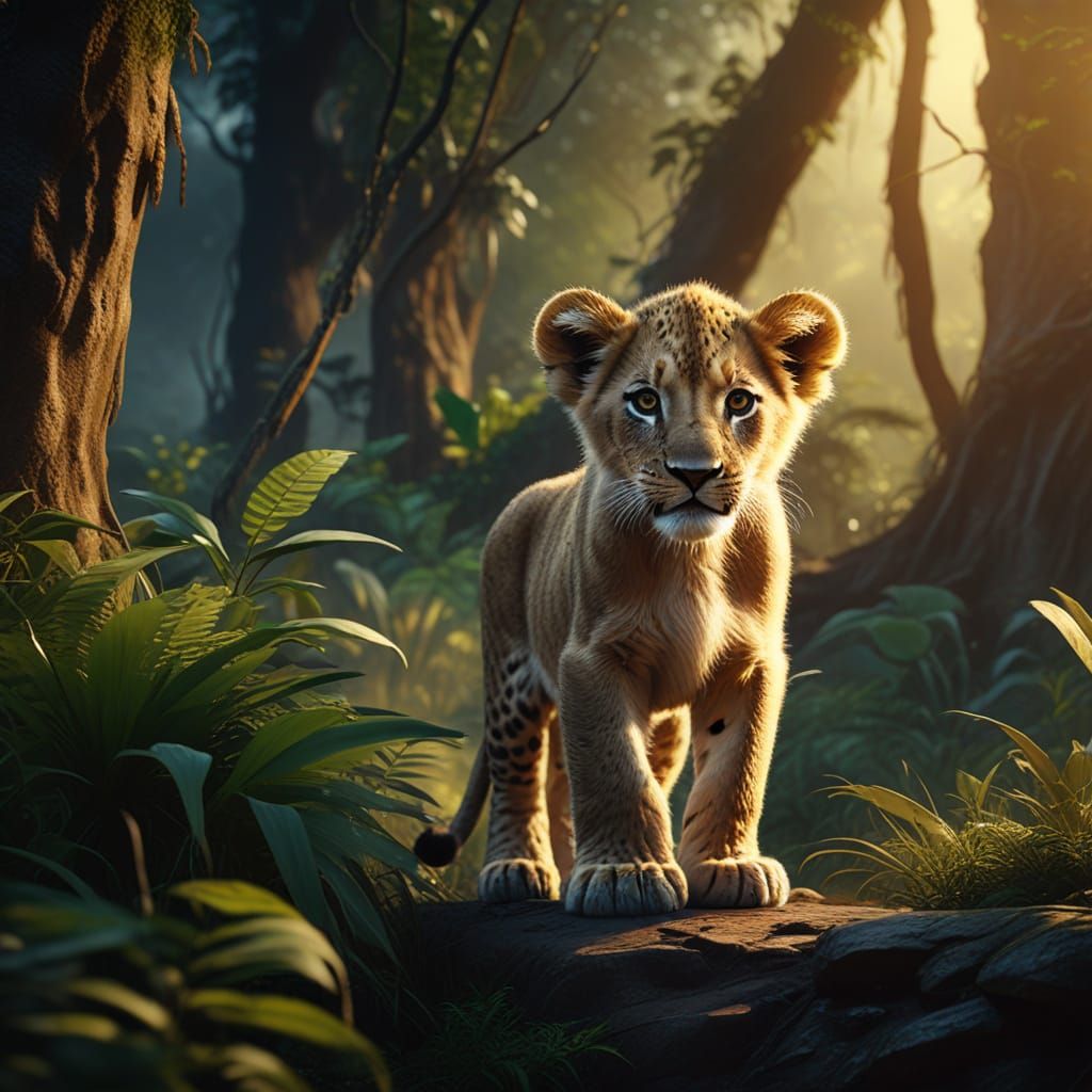 Lion Cub in Jungle Dawn: Vibrant Oil Painting