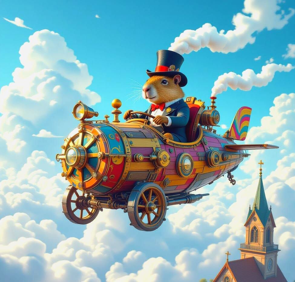 Capybara Piloting a Flying Car in Detailed Matte Painting
