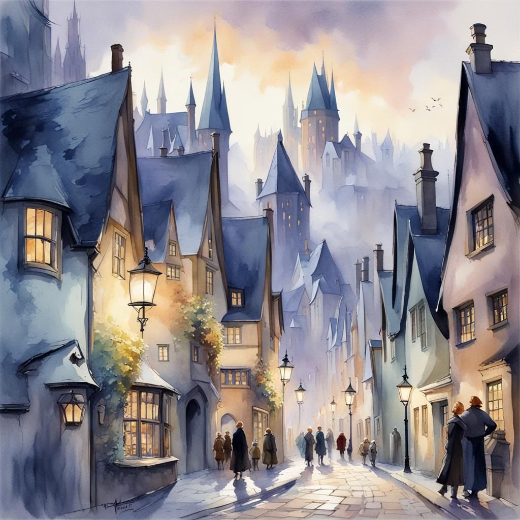 Hogsmeade Village Panorama in Watercolor Style