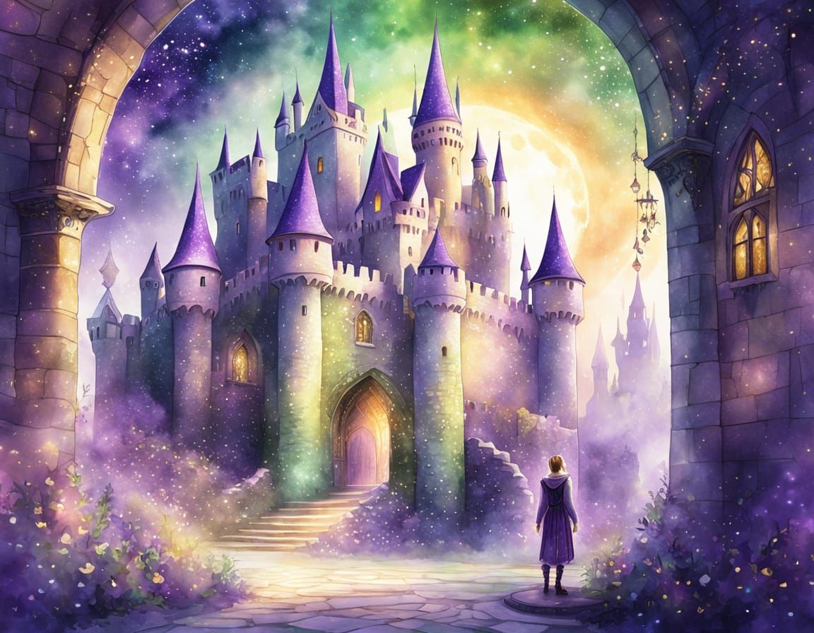 Whimsical Elf in Castle Courtyard Watercolor Illustration