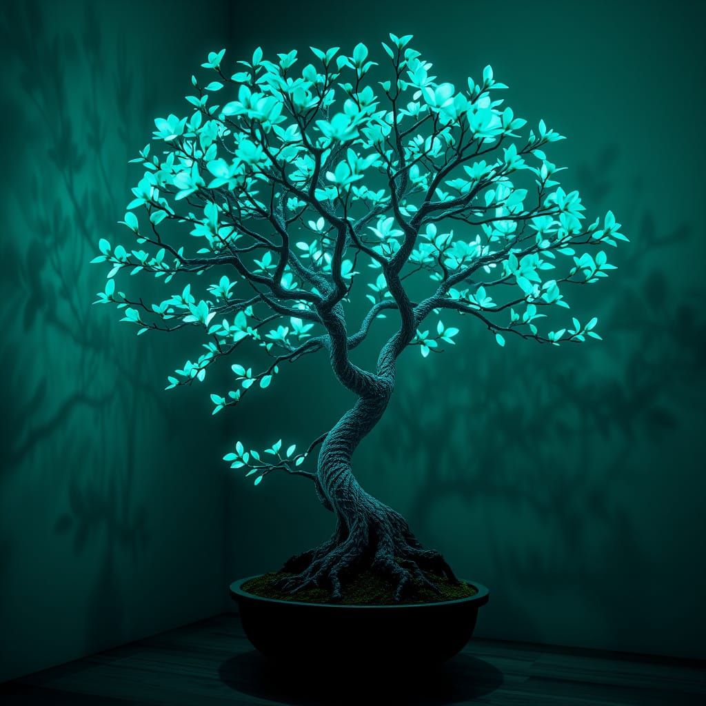 Bioluminescent Bonsai Tree in Cyberpunk Style