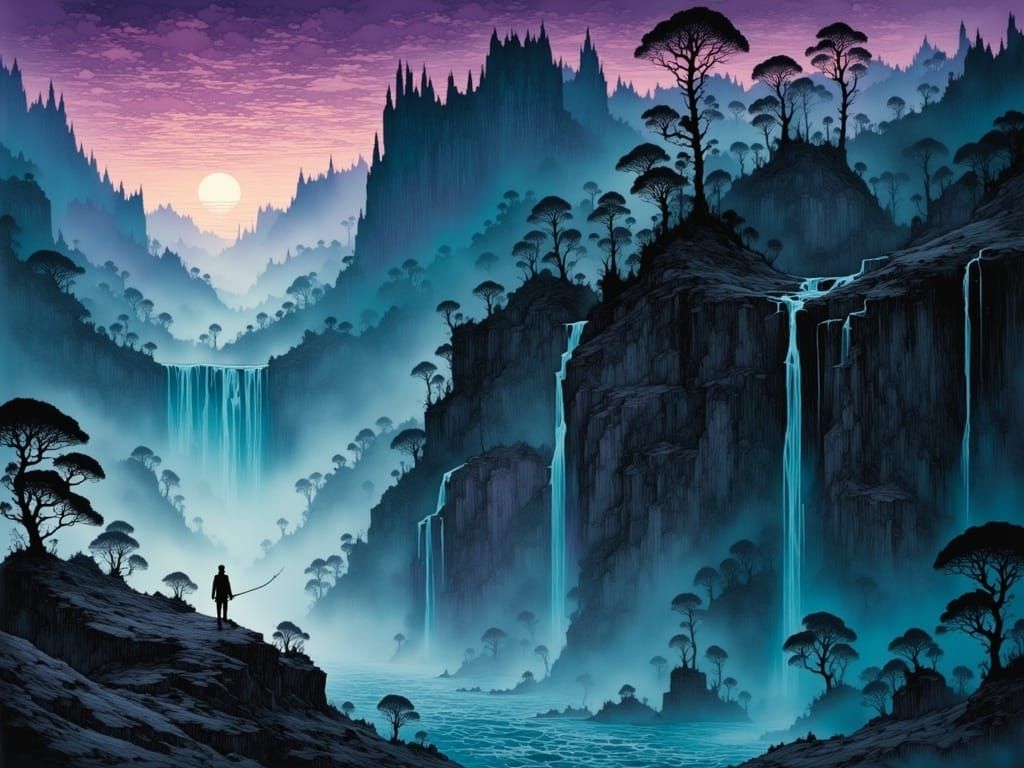 Ethereal Waterfall Scene in Mysterious Misty Valley