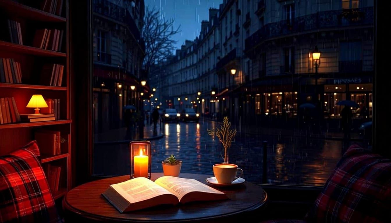 Cozy Parisian Cafe on Rainy Evening