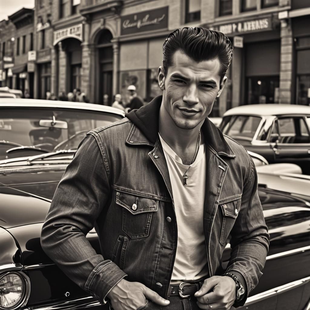 Rockabilly Dude Leaning on Cadillac Convertible