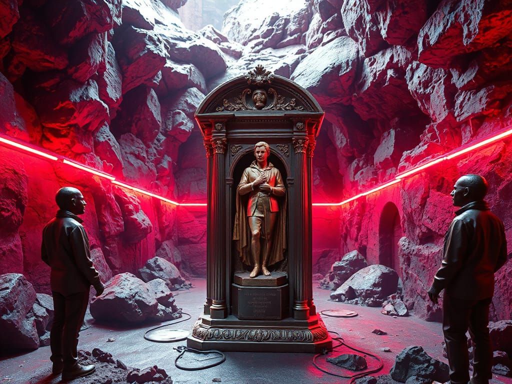 Surreal Crypt Statue in Dystopian Blockchain Environment