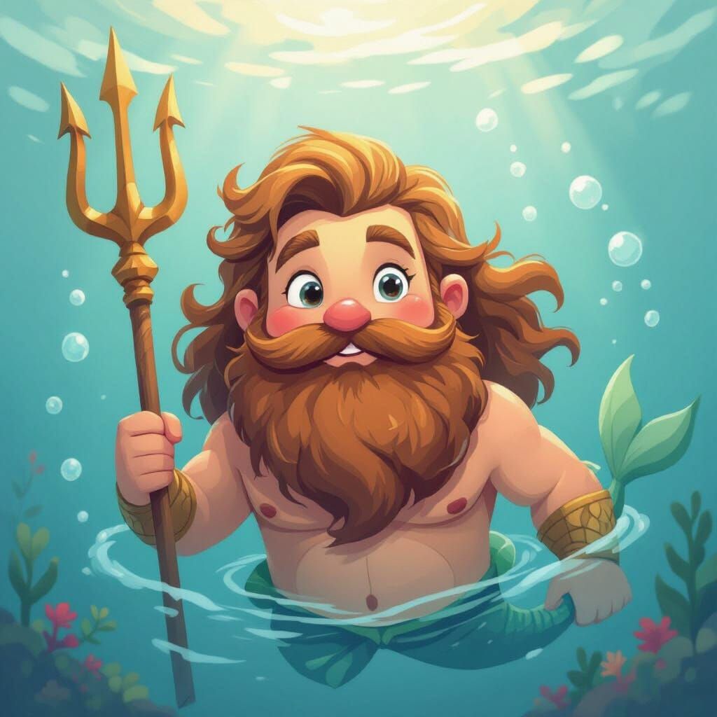 Friendly Poseidon for Kids in Children's Book Style