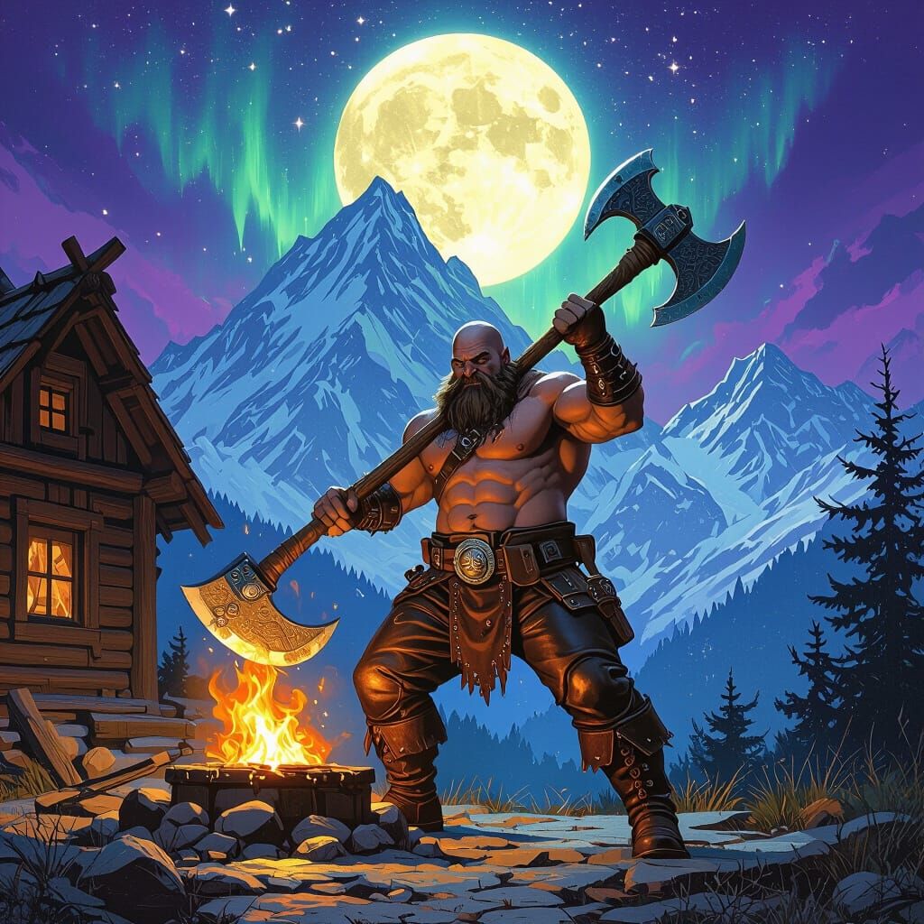 In a snowy valley, a lone shirtless dwarf standing next to a...