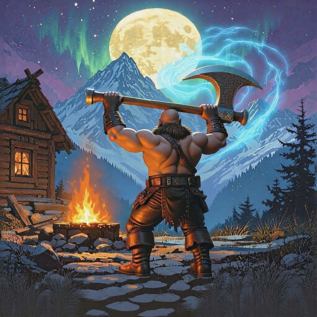 In a snowy valley, a lone shirtless dwarf standing next to a...