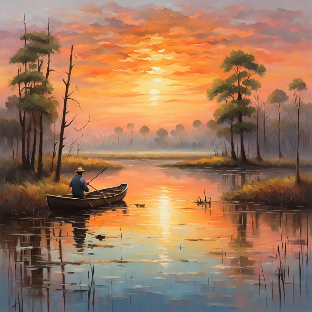 Impressionist Bayou Scene with Golden Light