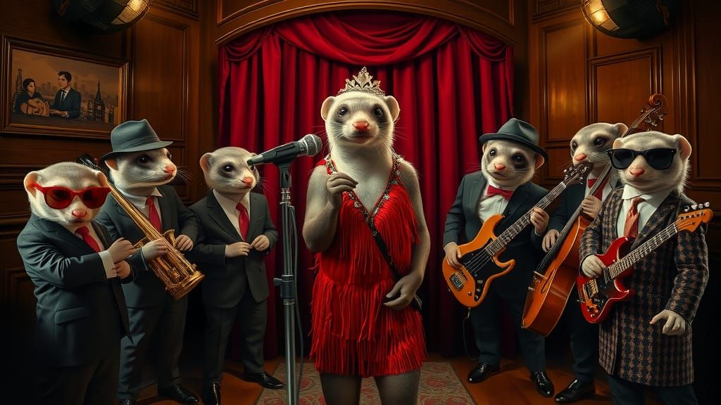 Groovy Ferrets Jazz Club Scene in Expressionist Style