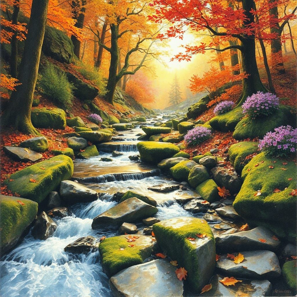 Ancient Forest Oasis Unfolds with Playful Stream and Vibrant...