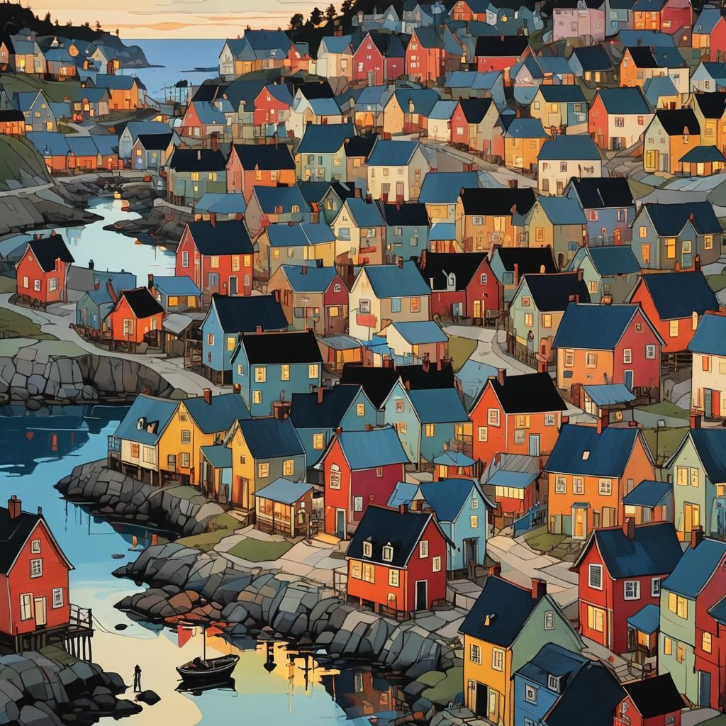 Seaside Village at Sunset: Abstract Art Style