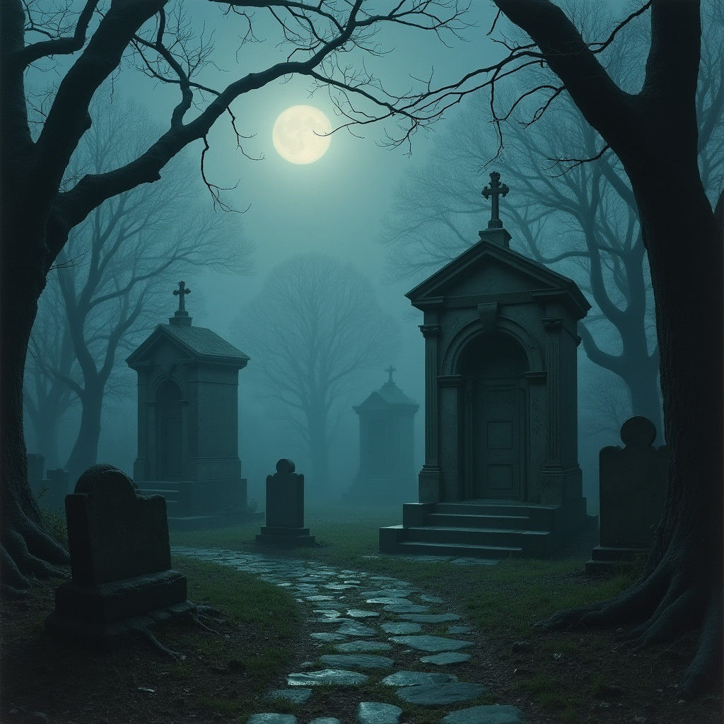 Surreal Cemetery at Moonlit Night in Atmospheric Style