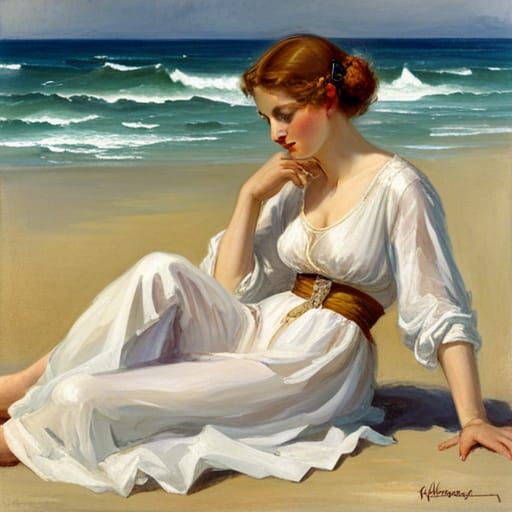 Serene Beach Scene in Golden-Age Illustration Style