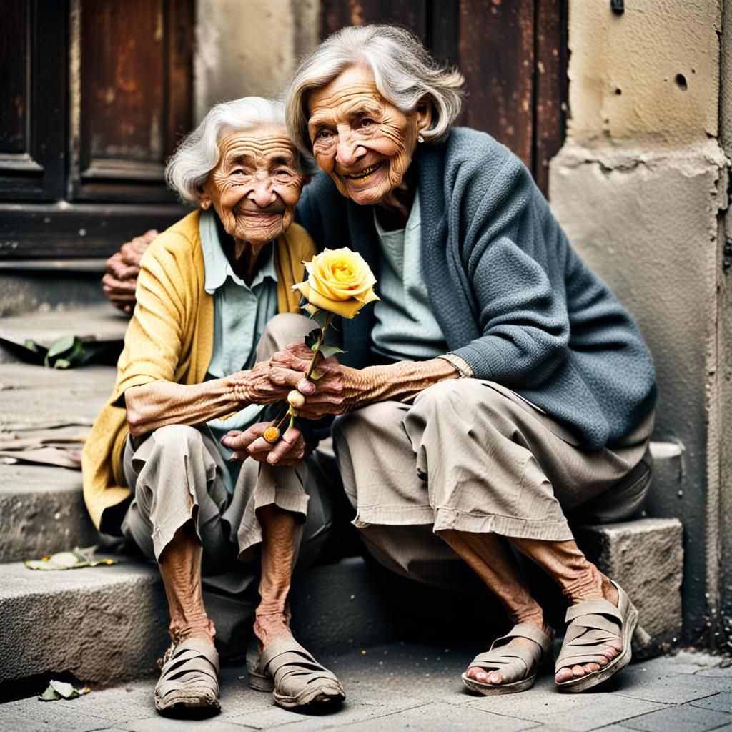 captivating photograph of a smiling old woman with deep wrinkles. The woman is sitting outside on a cement step, wearing...