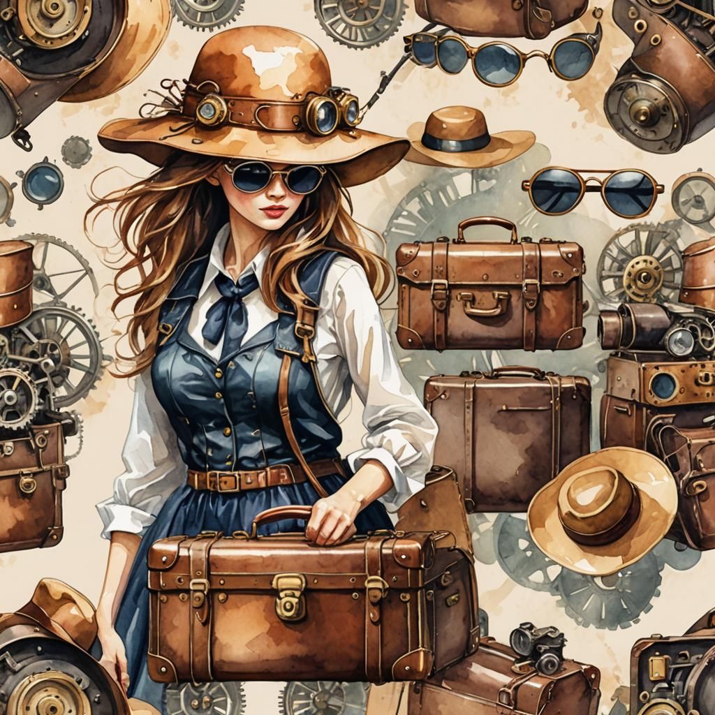 Steampunk Summer Vacation Essentials in Watercolor Style