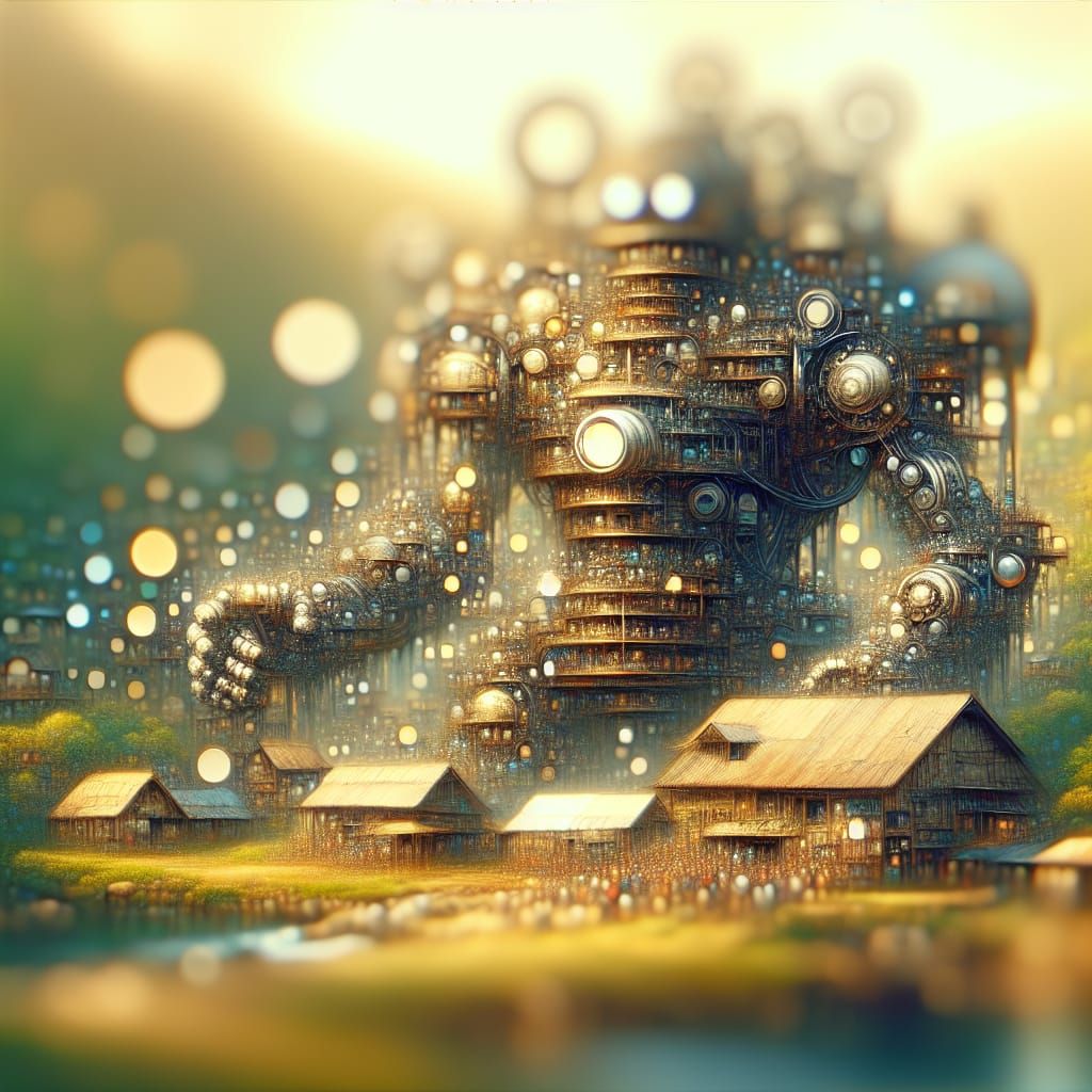 Steampunk Automaton Overlooks Rural Village: Bokeh Effect