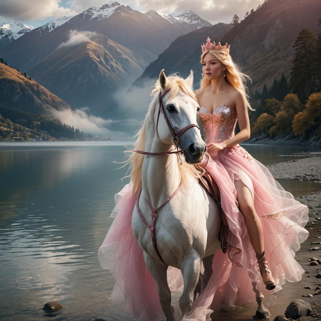 Anime Princess Rides Horse in Dreamy Landscape