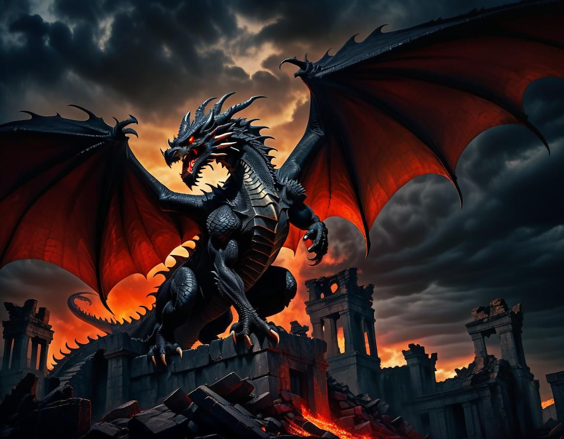 Majestic Black Dragon Amidst Ruins in Dark Fantasy