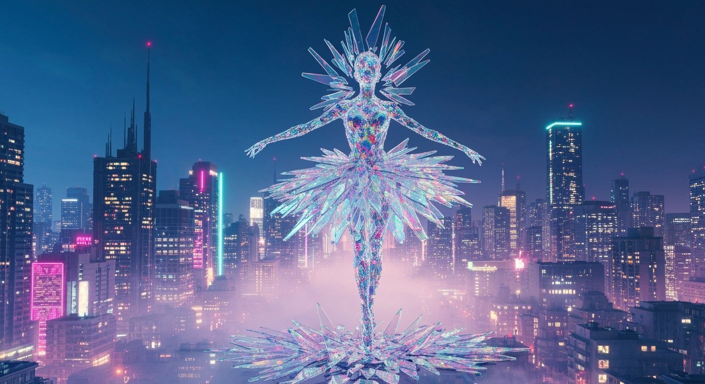 Glass Ballerina in Futuristic Cityscape