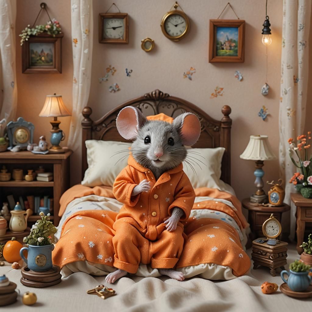 Mouse in Pajamas in Dollhouse Bedroom