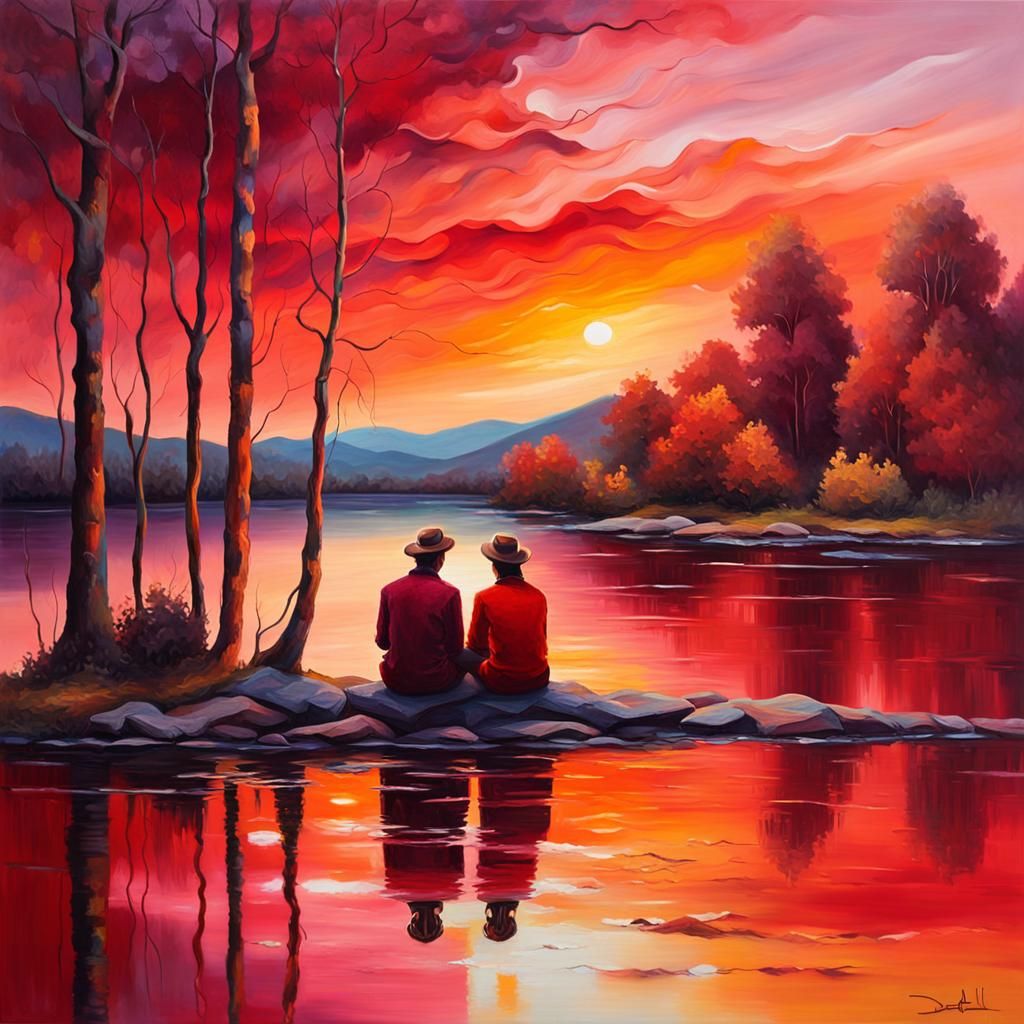 Romantic Couple at Sunset: Oil Painting in Warm Colors