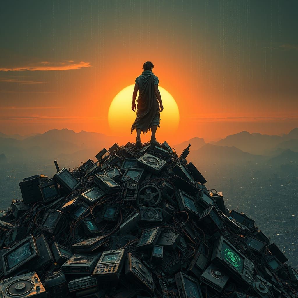 Dystopian Wasteland: Binary Sunset Over Technological Ruins