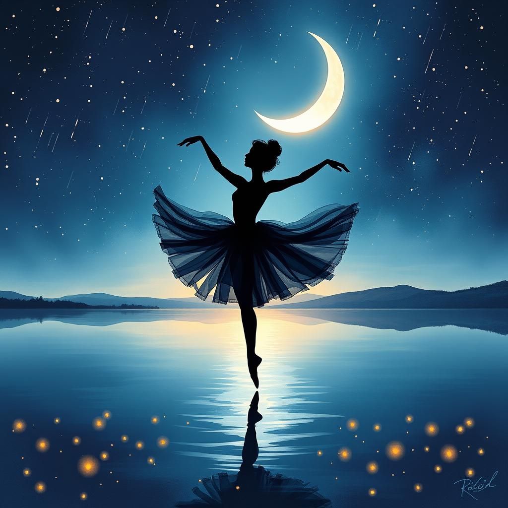 Ballerina's Starry Leap: Dreamy Lake Reflection