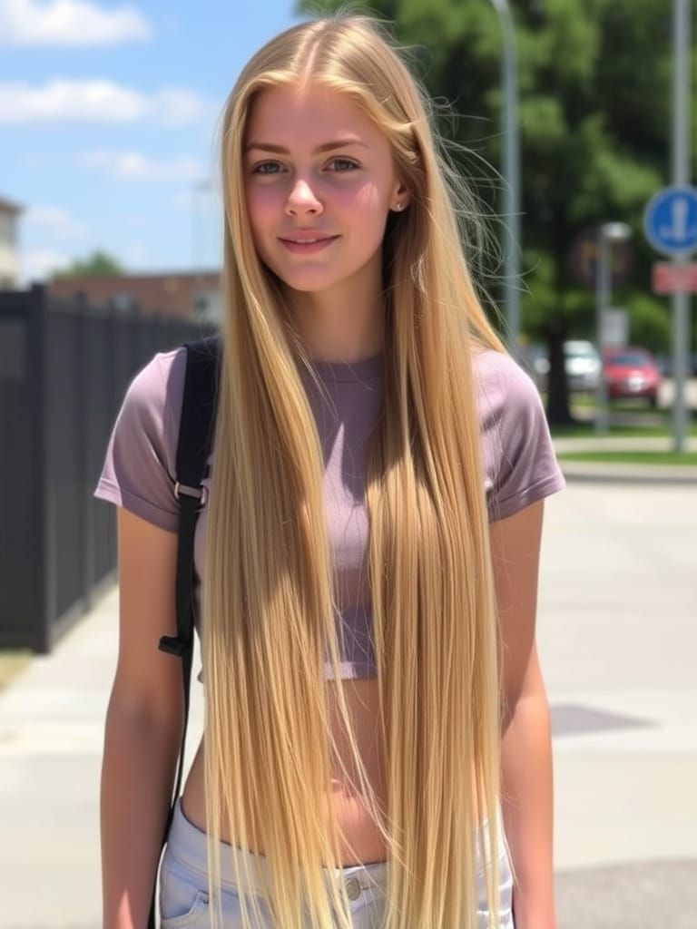 Young Woman With Long Blonde Hair On A Sunny Day