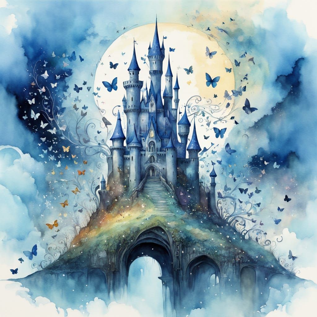Giant Glowing Castle Flies in Surreal Watercolor Sky