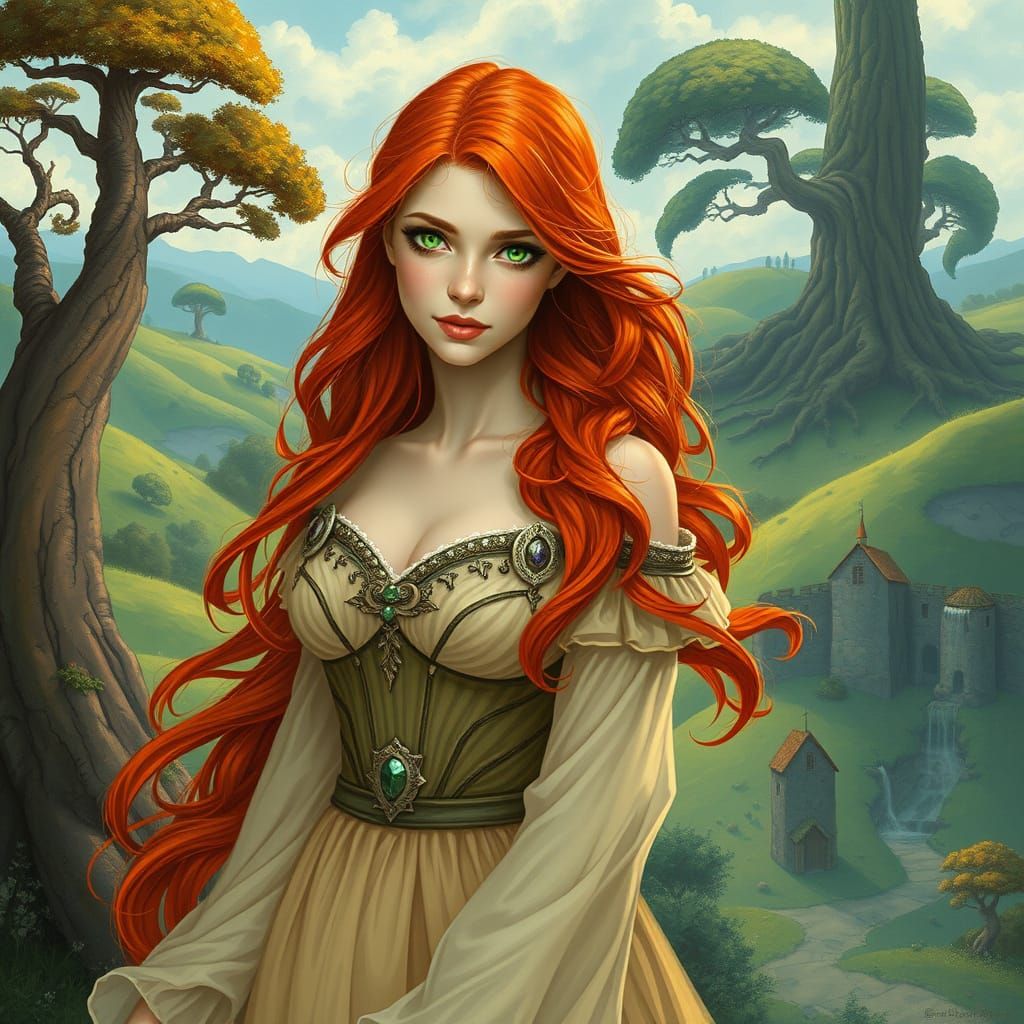 Ethereal Redheaded Beauty in Enchanted Fantasy Realm