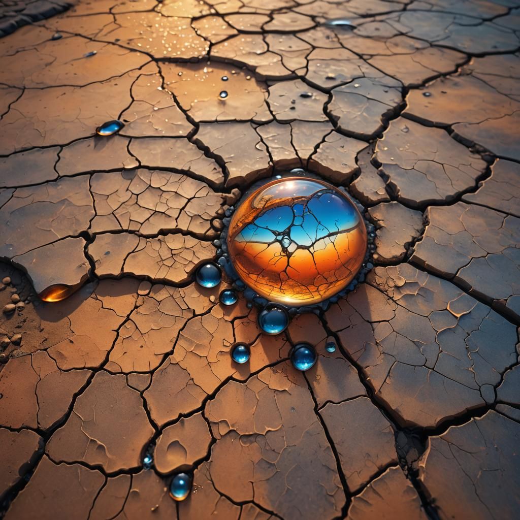 Glistening Water Drop on Parched Earth