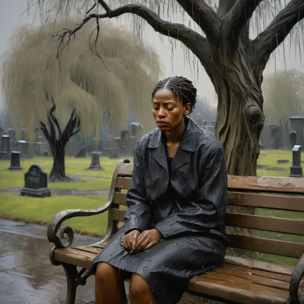 Black Woman Crying in Graveyard, as Impasto Oil Painting