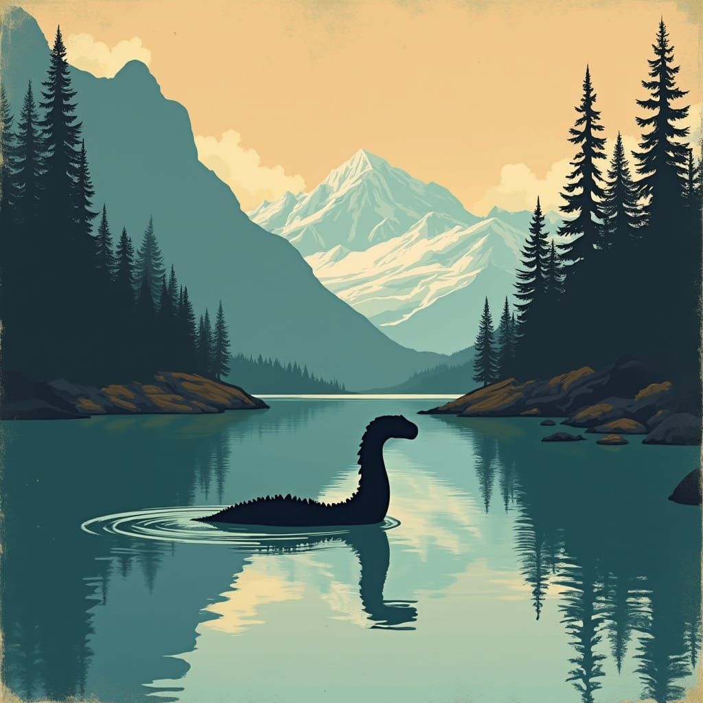 Vintage Canadian Wilderness Landscape with Loch Ness Monster