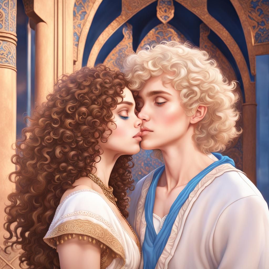 Moroccan Girl Kissing Blond Boy: Fantasy Concept Art
