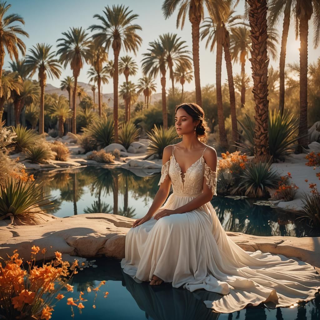 Desert Oasis with Woman in Neoclassical Style