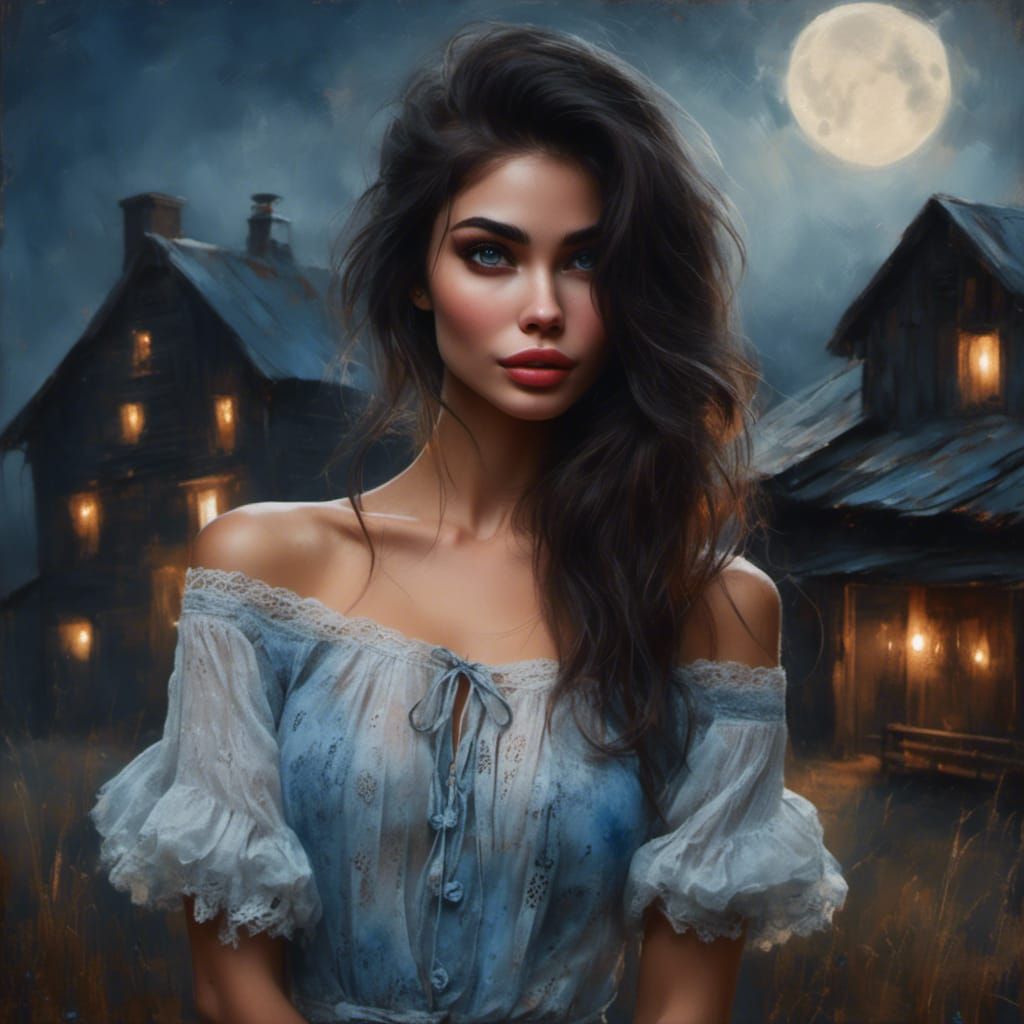 Beautiful Woman in Peasant Blouse at Farmhouse