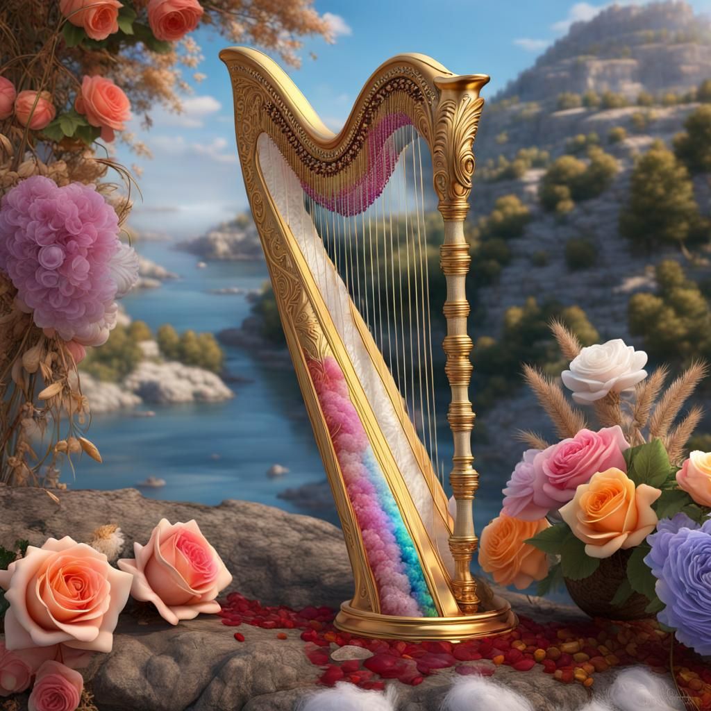 Hyperreal Greek Harp with Roses and Treasures