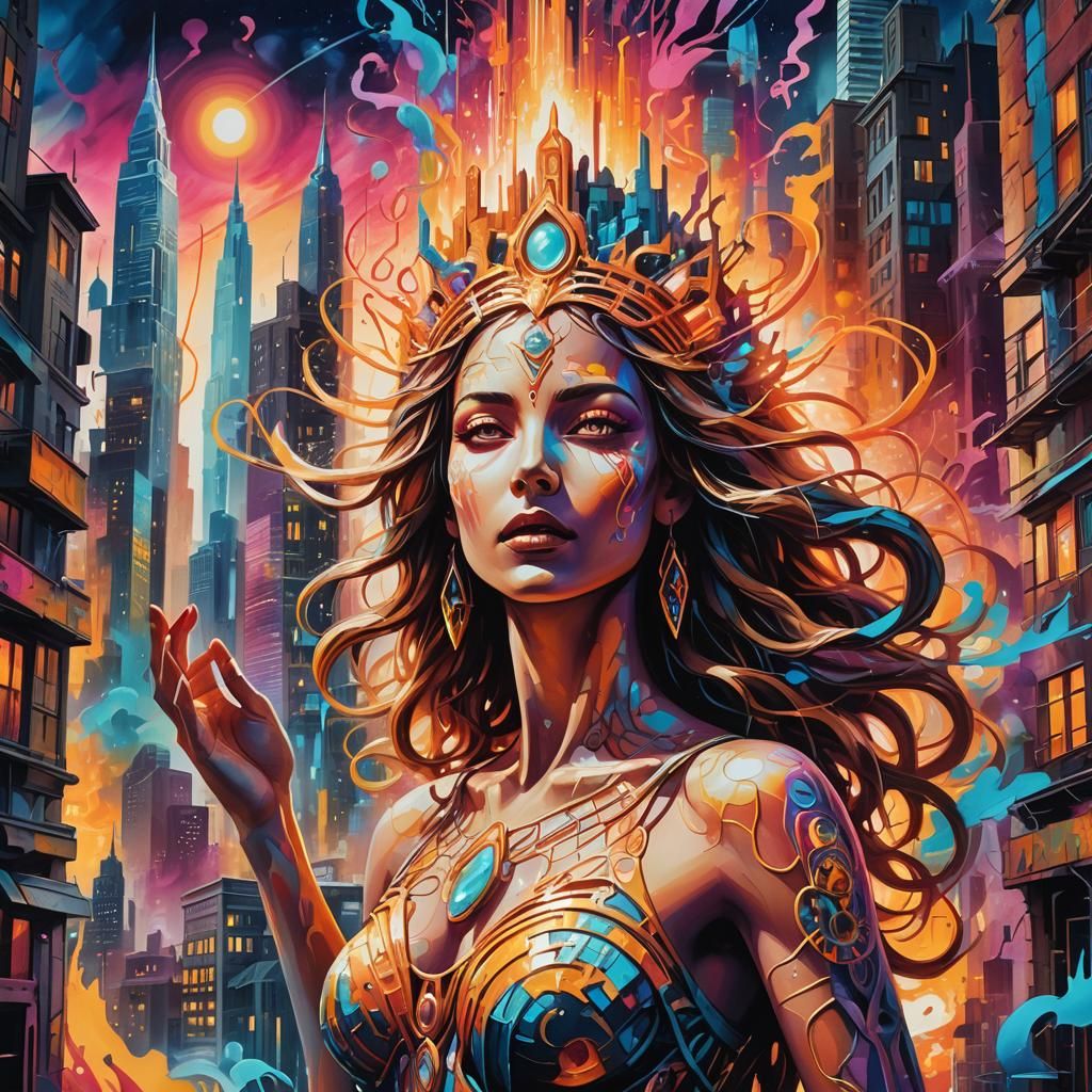 Goddess Awakens in Surreal Graffiti Dreamscape